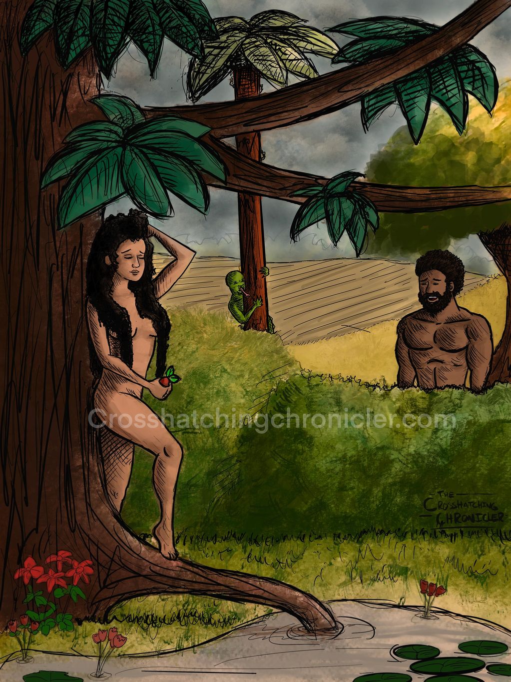 Mixed media painting of Adam and Eve, with Eve eating the fruit and Adam and the serpent watching.