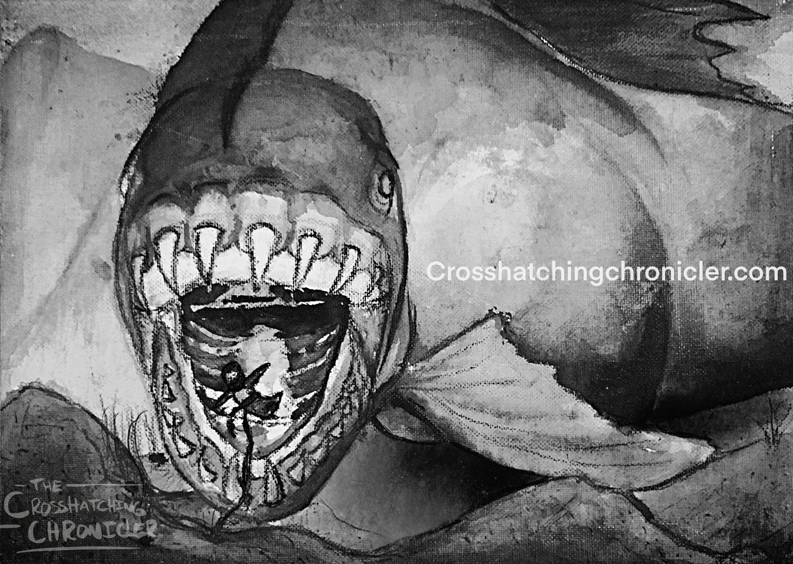 Ink wash illustration of a giant scary fish eating Jonah from the Bible trapped in the seaweed.