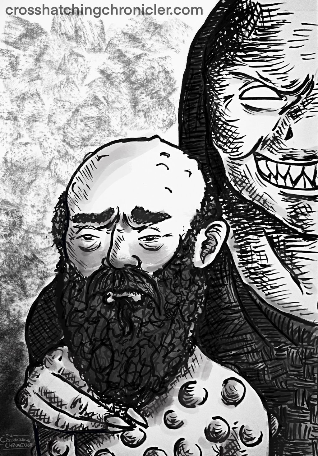 Ink illustration of Job with warts being afflicted by Satan, The Crosshatching Chronicler.