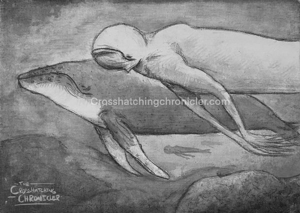 An ink wash illustration of a whale and a Ningen, a Japanese myth, swimming side by side.