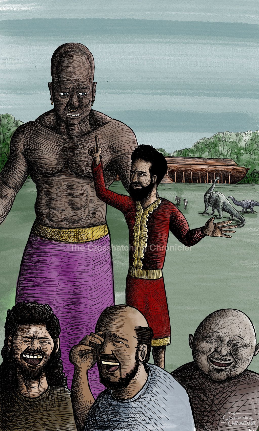 Noah mocked by men and a Nephilim prior to the great flood, with dinosaurs entering ark