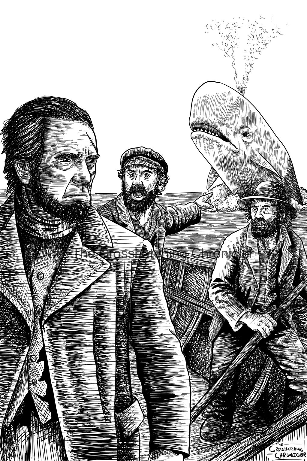 Detailed pen and ink illustration of moby dick, with the whale breaching; Thar she blows!