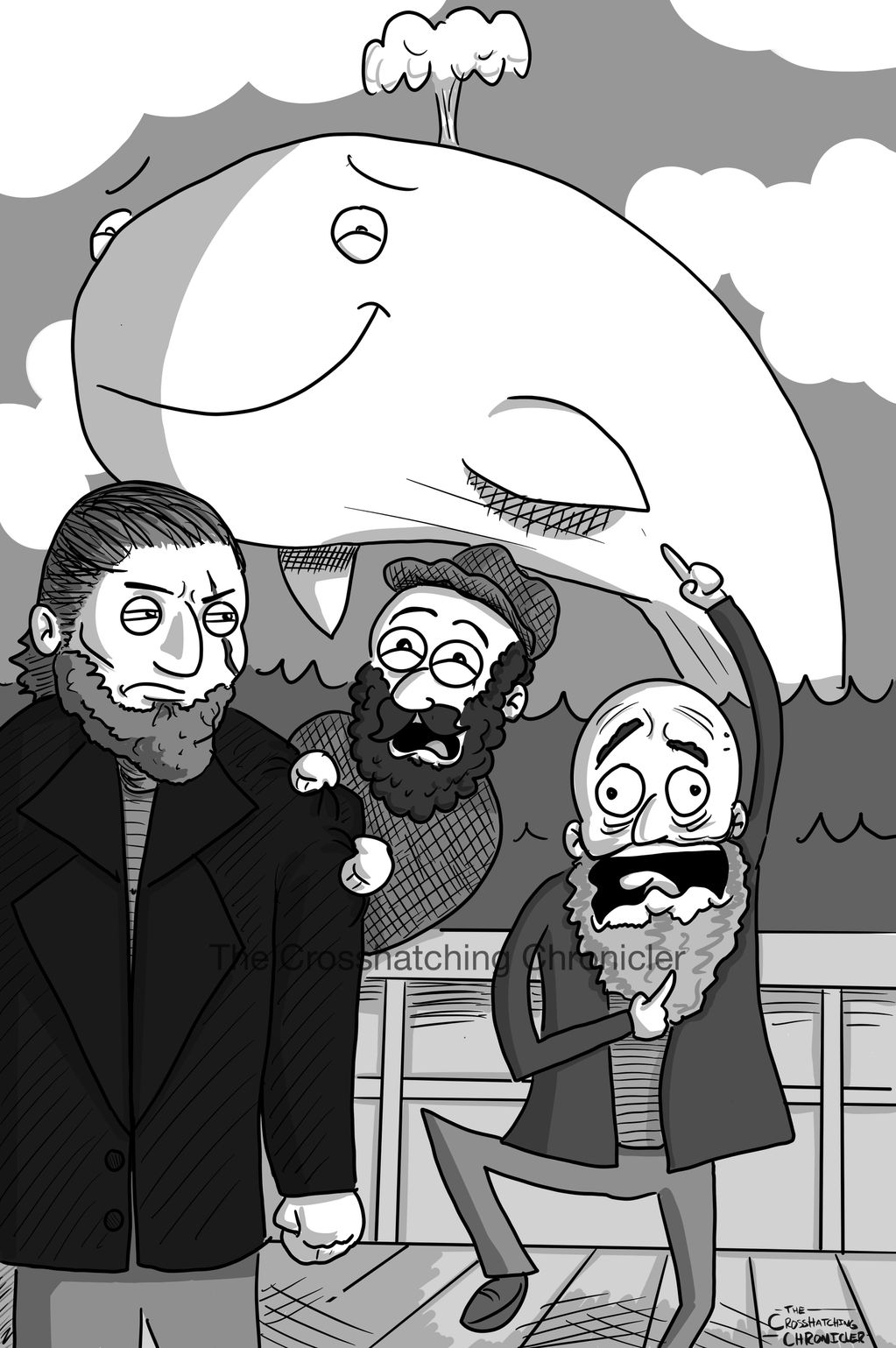 cartoon-style depiction of the moment the white whale is spotted in Moby Dick