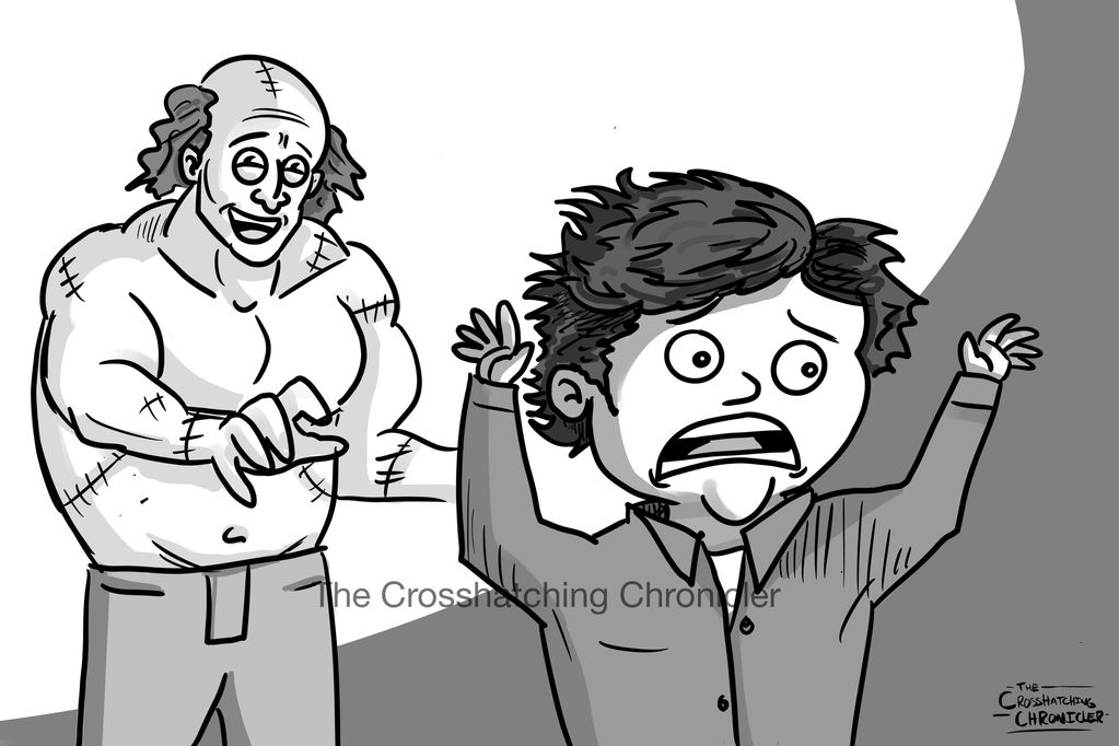 A cartoon-style take on the classic moment when Victor Frankenstein is approached by his creation.