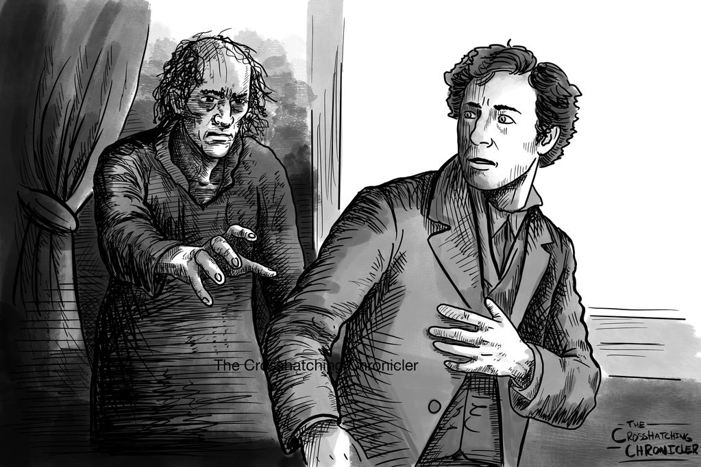 detailed pen and ink illustration of the frankenstein’s monster reaching for Dr Frankenstein