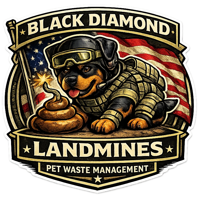 Cartoon dog in military gear with a poop landmine and American flag background.