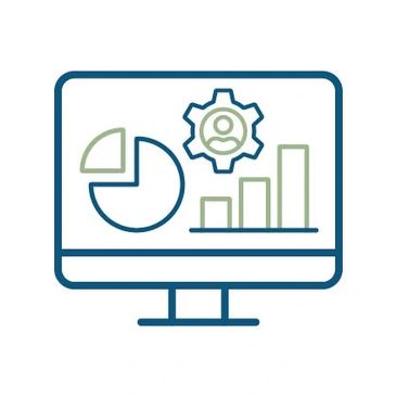 Icon of computer screen presenting profile cogwheel, piece of pie chart, and bar graph