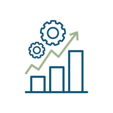 Icon of cogwheels trending upward along a bar graph