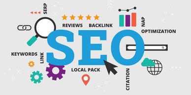 Illustration highlighting key SEO elements like keywords, backlinks, reviews, and optimization.