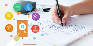 Hand sketches mobile app design with development process icons around.