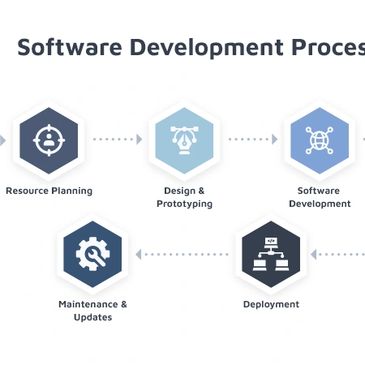 Diagram showing the software development process from analysis to maintenance.