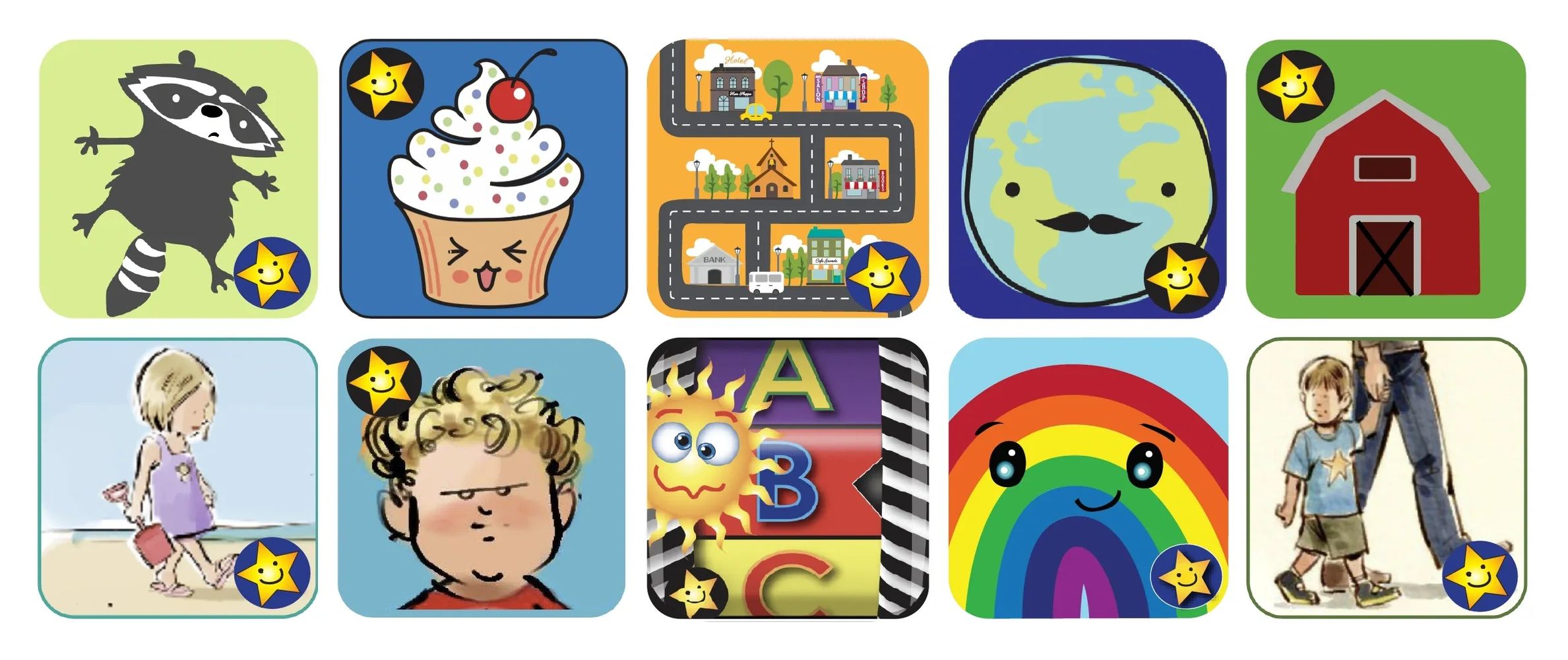 Colorful Learning Giraffe app store icons including animals, cupcakes, maps, and children.