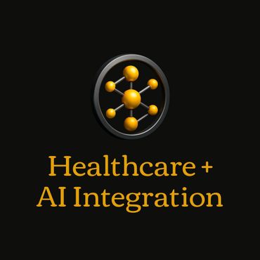 Symbol of AI integration in healthcare with a molecular structure and text.