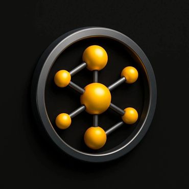 3D molecular model with yellow atoms connected by gray bonds inside a black circular frame.