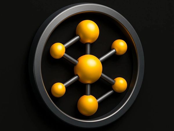 3D molecular model with yellow atoms connected by gray bonds inside a black ring.
