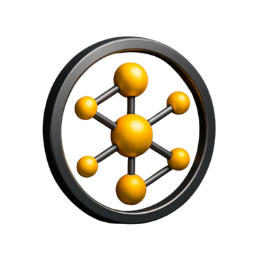 3D atom model with yellow spheres connected by gray rods inside a black ring.
