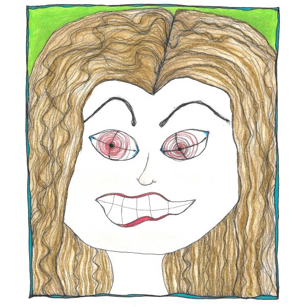 Abstract drawing of a face with large hair and spiraled eyes.