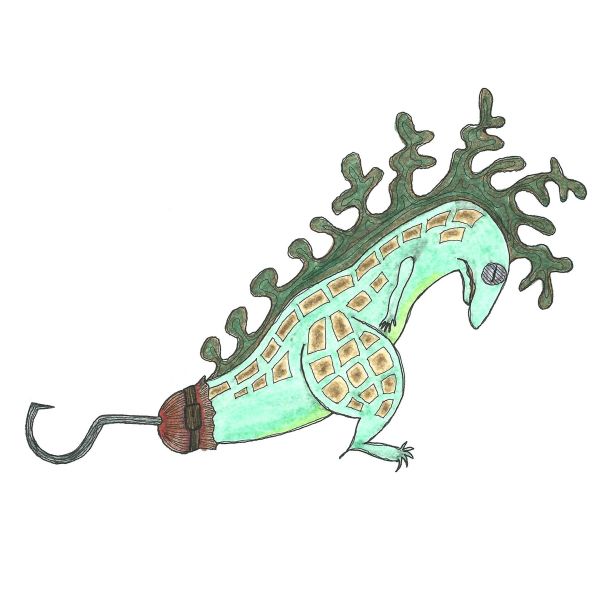 A lizard-like creature with branch-like protrusions and a hook tail.