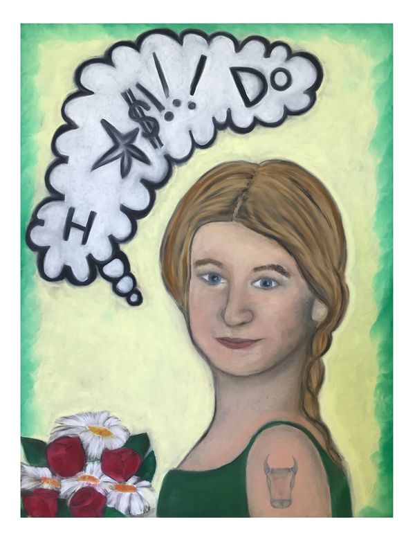 Portrait of a woman with a tattoo and flowers, thinking with symbols in a thought bubble.