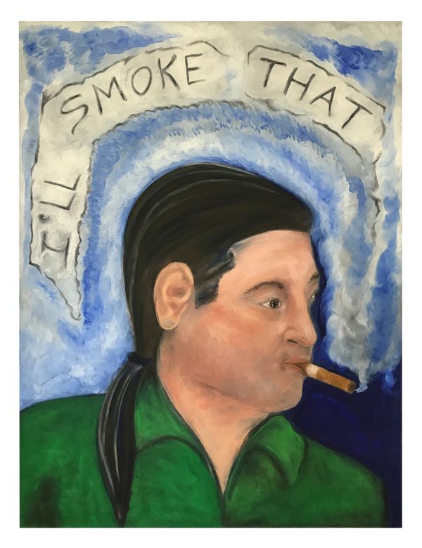 Person smoking a cigar with smoke forming words.