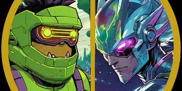 Illustration featuring two characters: one in green armor and the other in a futuristic blue and purple suit.