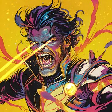 A fierce, glowing-eyed warrior shouting with energy surging around him.