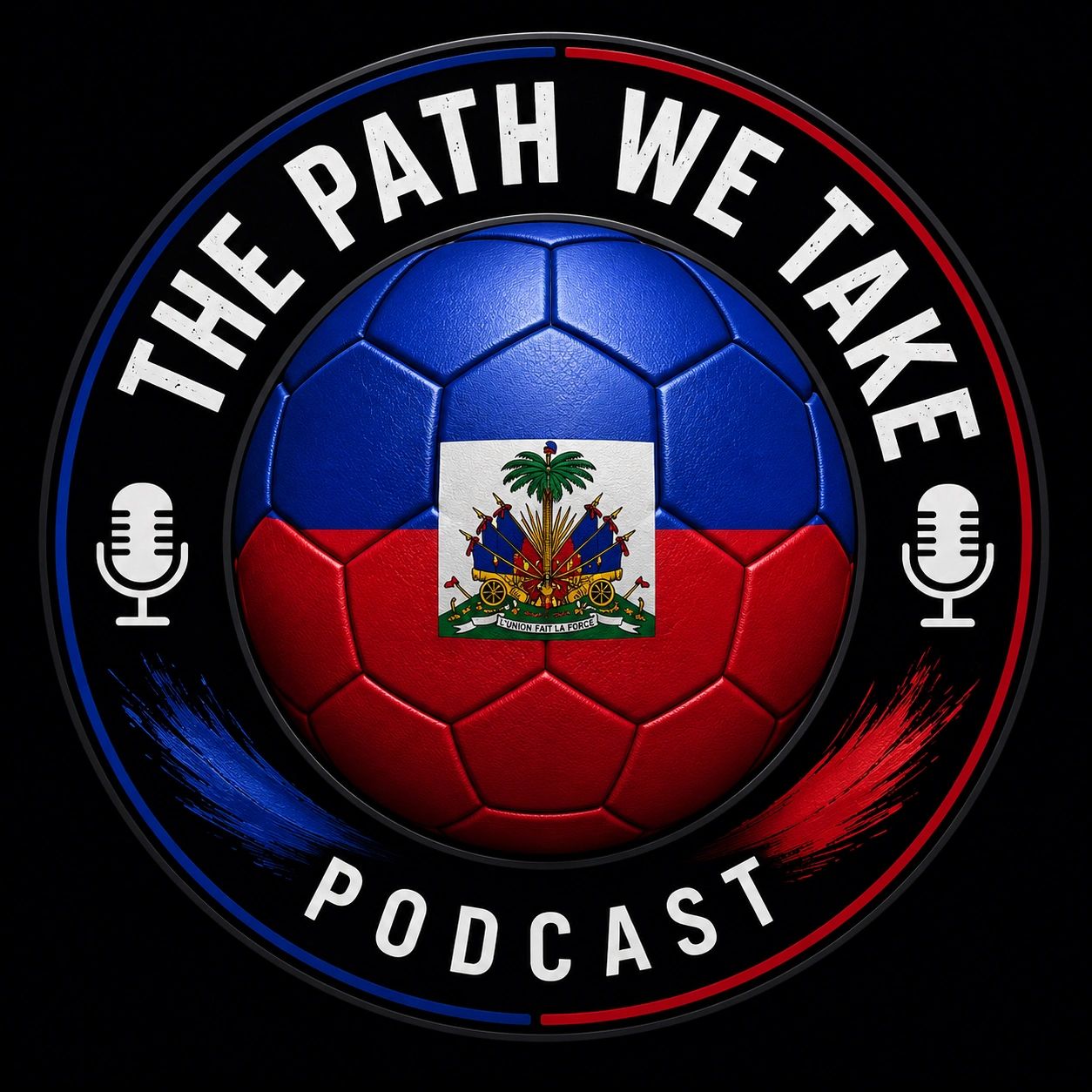 Podcast logo with Haitian flag soccer ball and microphones.