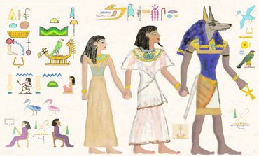 Two women with a man with the head of a dog