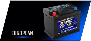 A European Power Crank car battery with red and blue terminals.