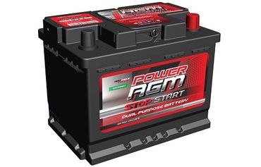 A black and red Power AGM stop-start dual purpose battery.