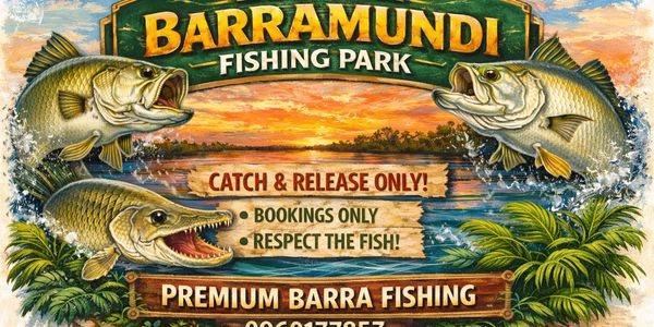Colorful sign for Barramundi Fishing Park with catch and release rules.