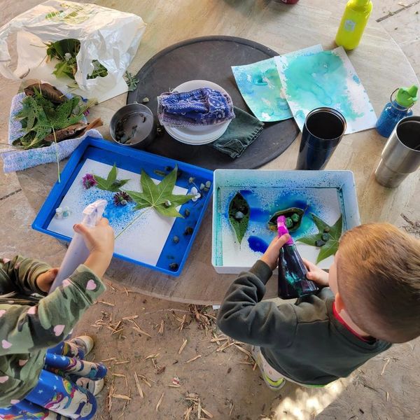 Two children spray water on leaves and flowers in trays for an art project.