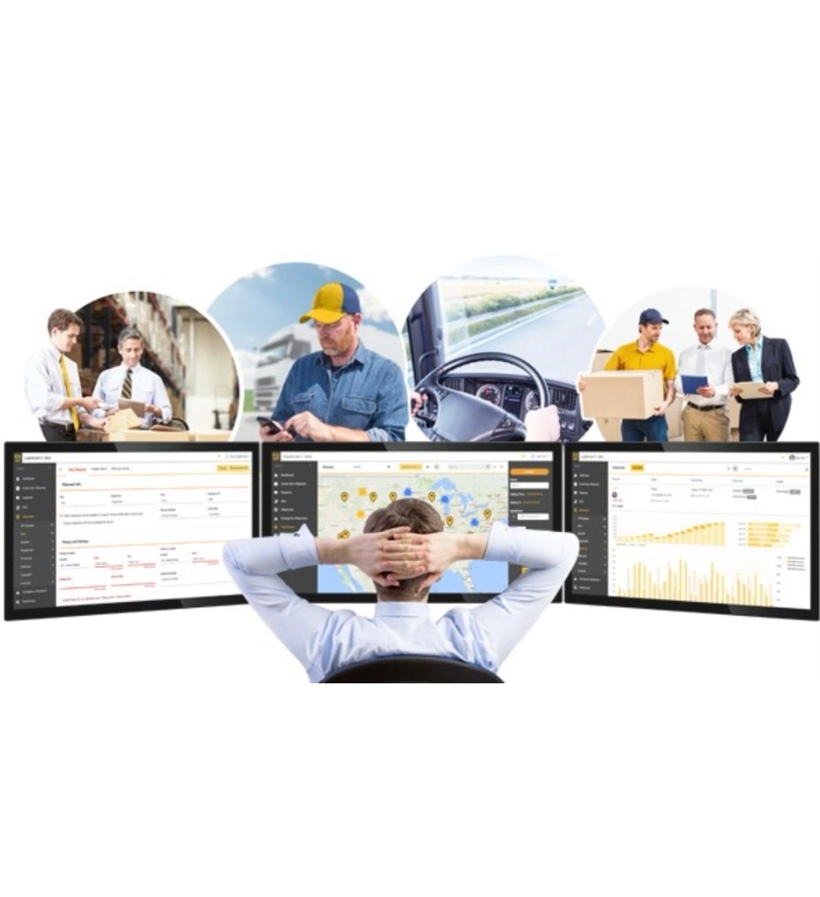 Man monitoring logistics and delivery operations on multiple screens.