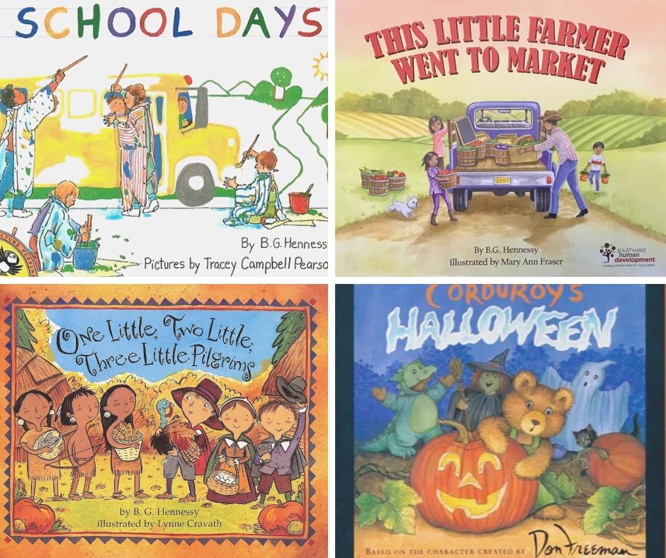 Four children's book covers featuring school, farming, pilgrims, and Halloween themes.