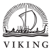 A minimalist Viking ship logo with a sail and oars.