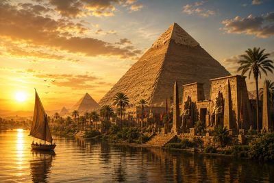 Sunset over ancient Egyptian pyramids by the Nile River with a sailboat.