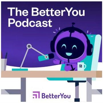 Cartoon robot hosting The BetterYou Podcast with headphones and microphone.