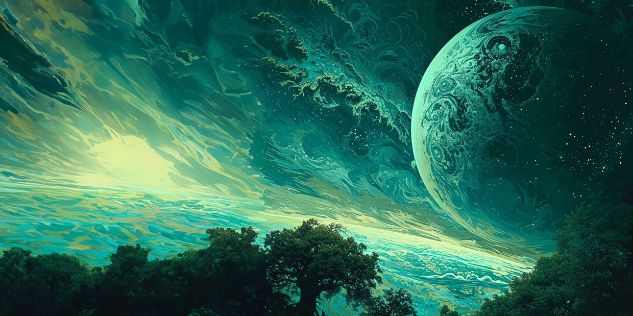 Surreal cosmic landscape with swirling sky and detailed planet above a forest.