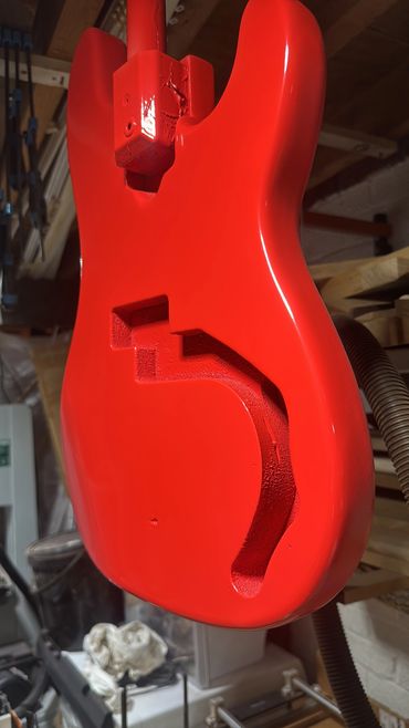 Customer commission - Dakota Red P bass with colour all finished and having nitrocellulose clearcoat