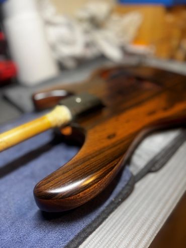 Ziricote and Sapele Stingray with Osmo Polyx finish awaiting curing and hardware