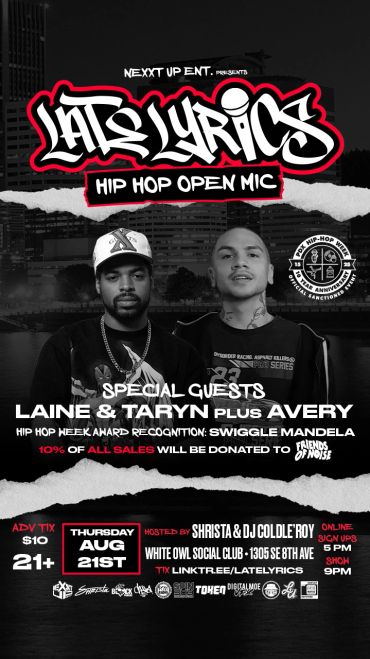 Flyer for Latelyrics hip hop open mic event with special guests.