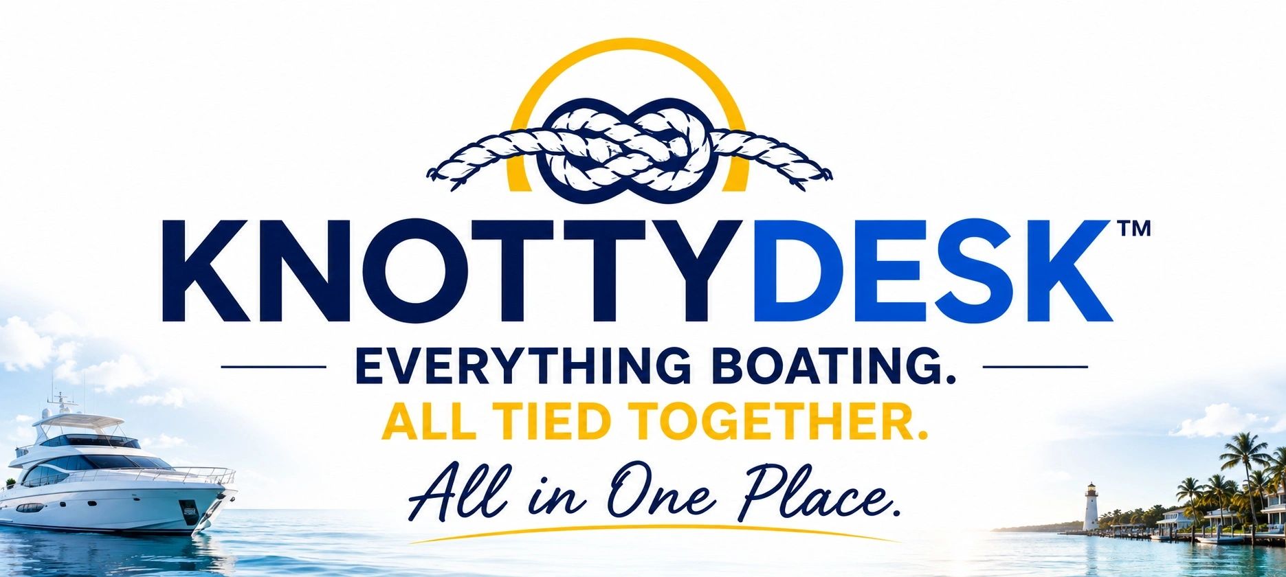 KnottyDesk boating logo with yacht and lighthouse.