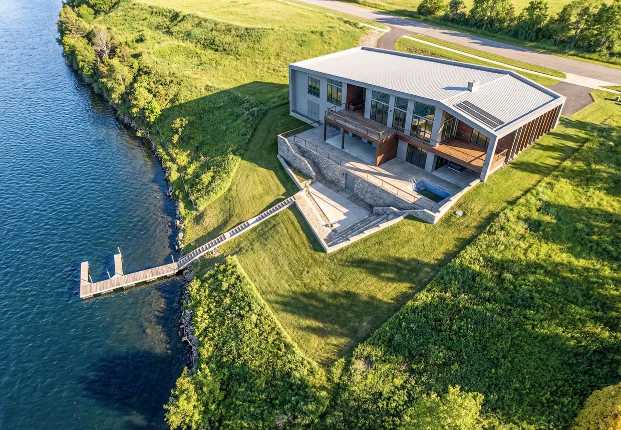 Modern house with a dock by a serene lake.