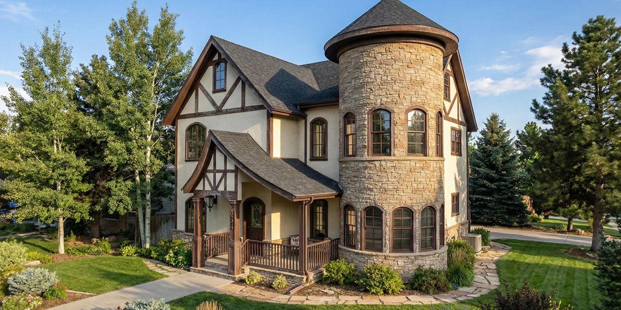 Charming Tudor-style house with a stone turret and lush landscaping.