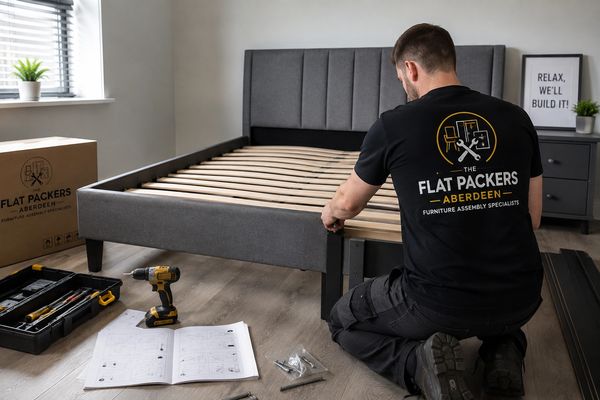 Technician assembling a bed frame indoors.