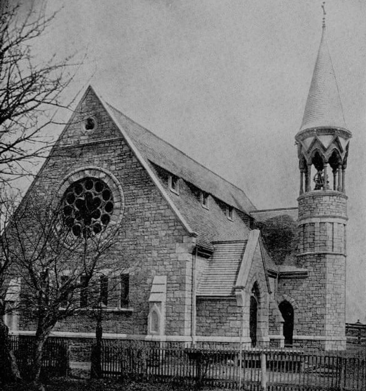 black and white photo of the cathedral with a tower