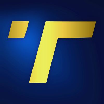 Yellow stylized letter 'T' on a blue background.
