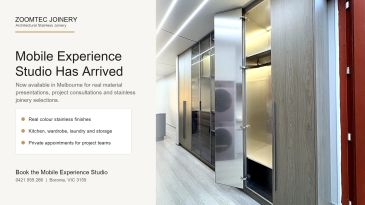 Mobile Experience Studio display for stainless joinery material preview.