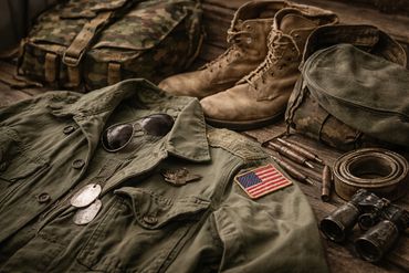 Vintage military gear including jacket, boots, and dog tags on wood surface.