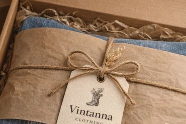 A neatly wrapped clothing gift set from Vintanna Clothing, showcasing rustic packaging and a thank you note.
